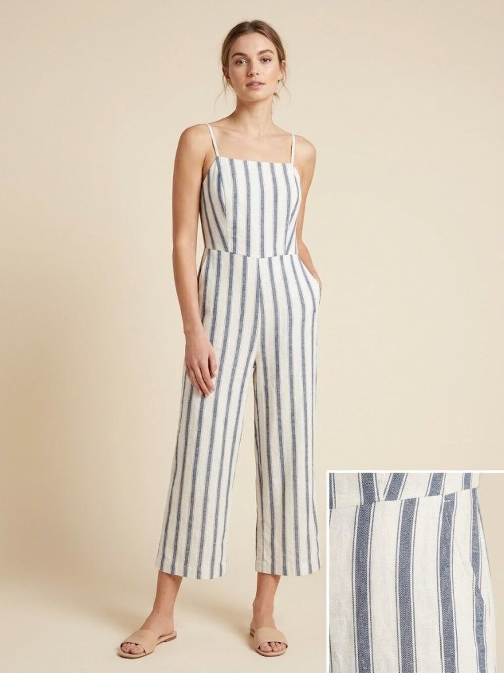 Old Navy Womens Linen Blend Jumpsuit M Blue White Striped Wide Leg Cropped